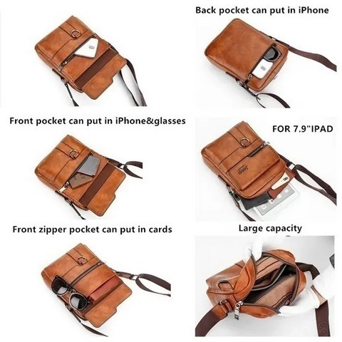 Classic Men's Leather Bag Business Shoulder Bag Leather Messenger Bag Casual Bag. Capacity: Can put in iPad Mini, wallet, mobile phone, portable power supply, folding umbrella, car keys, etc