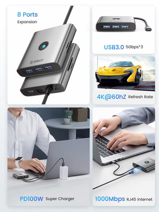 USB 3.0 Adapter HUB Type C to 4K60Hz HDMI-Compatible Docking Station RJ45 PD Splitter