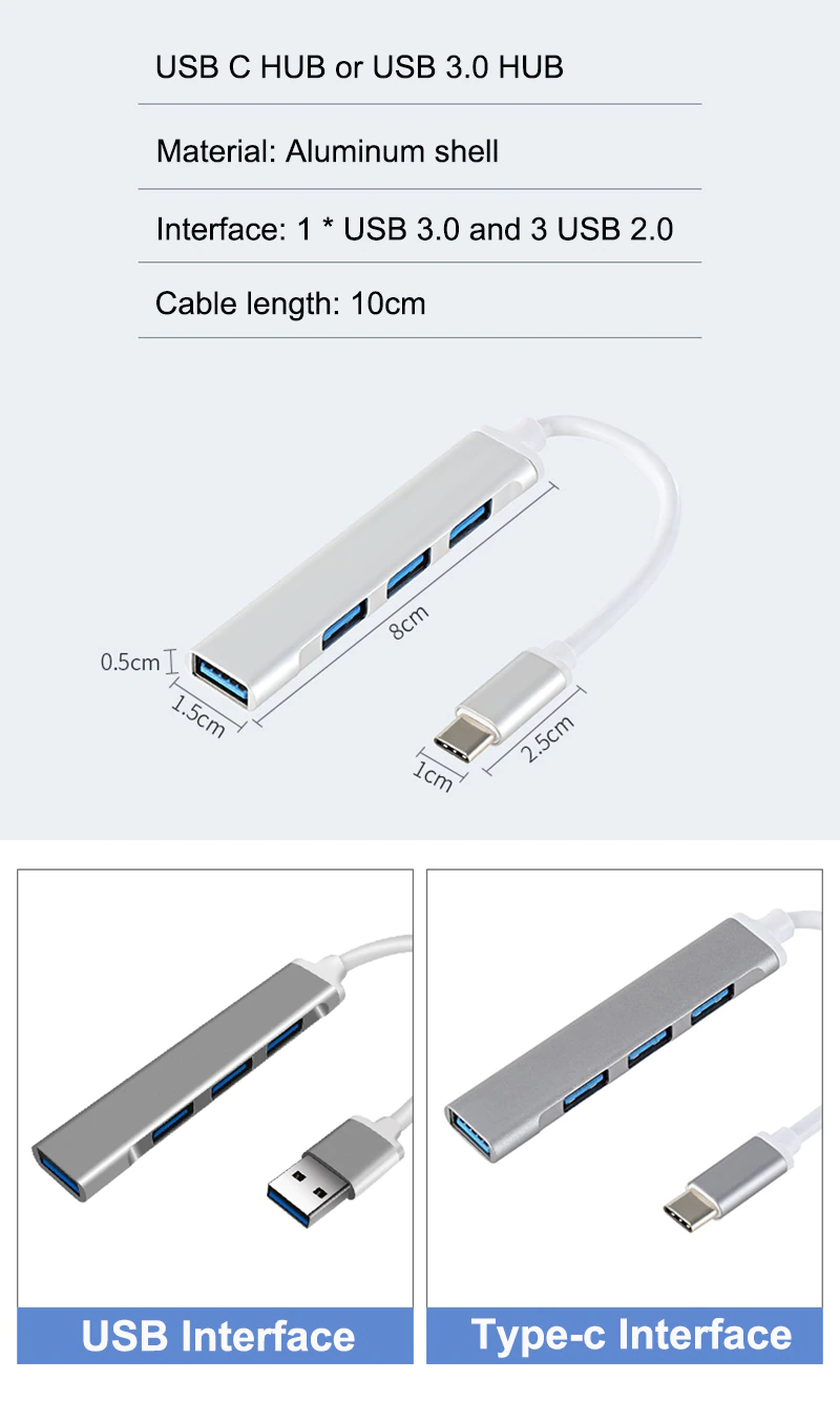 USB Hub Three Type C Four Port Multi Splitter Adapter OTG