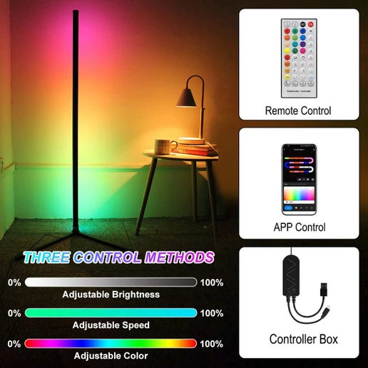 Suidhome Floor Lamp With 3 Tier Wood Storage Shelf Led Corner Standing Lamp Rgb 16 Million Colors Dimmable Remote