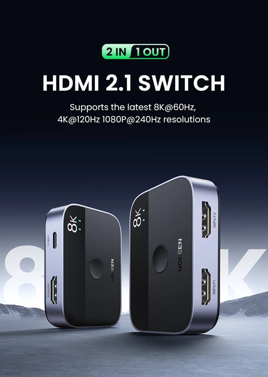 Ugreen 8k Hdmi Switcher 2 In 1 Out 8k 60hz 4k 120hz 48gbps For Ps5 Xbox Series X Pc Vrr Hdr