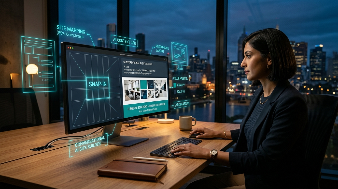 Australian business owner assembling website with AI builder interface